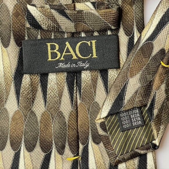Baci Made In Italy Silk Tie With Geometric Pattern In Gold & Brown Vintage Neckt - Picture 2 of 8